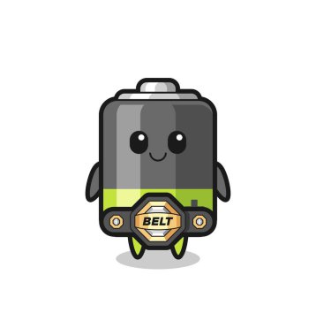 Kemerli MMA savaşçı batarya maskotu. Tişört, çıkartma, logo elementi için şirin bir tasarım.