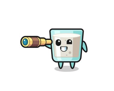 Şirin süt karakteri eski bir teleskop tutuyor. Tişört, çıkartma, logo elementi için şirin bir tasarım.