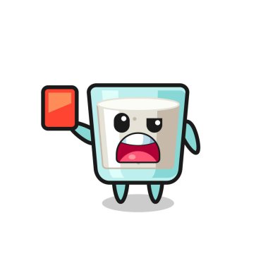 Hakem olarak şirin süt maskotu kırmızı kart veriyor. Tişört, çıkartma ve logo için şirin bir tasarım.