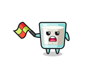 Çizgi film yargıcı bayrağı 45 derecelik açıyla kaldırıyor. Tişört, çıkartma, logo elementi için şirin bir tasarım.