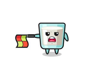 Çizgi yargıcı olarak süt karakteri bayrağı yatay olarak tutun, tişört, etiket, logo elementi için şirin bir tasarım