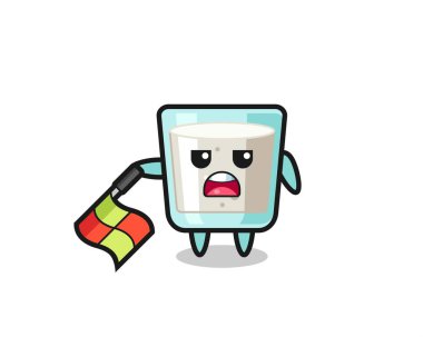 Çizgi hakimi olarak süt karakteri bayrağı 45 derecelik açıyla tutun, tişört, çıkartma, logo elementi için şirin bir tasarım.