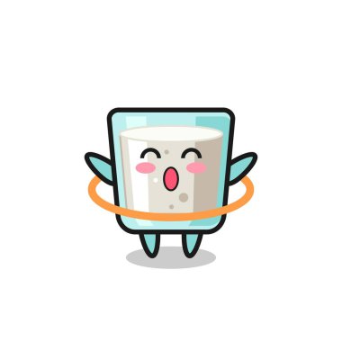 Şirin süt karikatürü hula hoop oynuyor. Tişört, çıkartma, logo elementi için şirin bir tasarım.