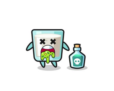 Zehirlenme sonucu kusan bir süt karakterinin resmi, tişört, etiket, logo elementi için şirin bir tasarım.