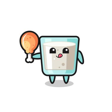 Süt maskotu kızarmış tavuk yiyor. Tişört, çıkartma, logo elementi için şirin bir tasarım.