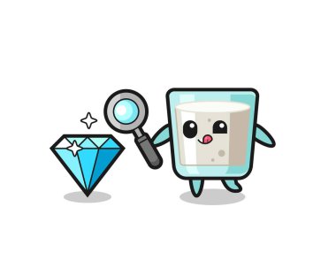 Süt maskotu elmasın orijinalliğini kontrol ediyor. Tişört, çıkartma, logo elementi için şirin bir tasarım.