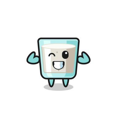 Kaslı süt karakteri kaslarını gösteriyor. Tişört, çıkartma, logo elementi için şirin bir tasarım.