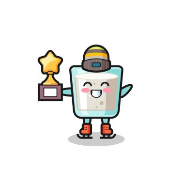 Bir buz patencisi olarak süt karikatürü kazanan kupa, tişört, çıkartma ve logo elementi için şirin bir tasarım.