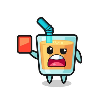 Hakemin kırmızı kart verdiği portakal suyu maskotu tişört, etiket ve logo için şirin bir tasarım.