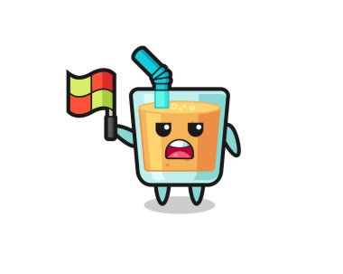 Çizgi hakimi olarak portakal suyu karakteri bayrağı kaldırıyor, tişört, çıkartma, logo elementi için şirin bir tasarım.