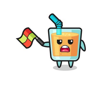 Çizgi film hakimi olarak portakal suyu karikatürü bayrağı 45 derecelik açıyla kaldırıyor, tişört, çıkartma, logo elementi için şirin bir tasarım.