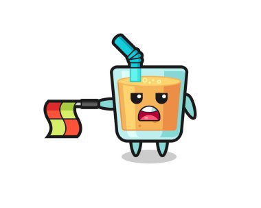Çizgi hakimi olarak portakal suyu karakteri bayrağı yatay tut, tişört, çıkartma, logo elementi için şirin bir tasarım yap