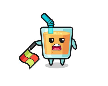 Çizgi hakimi olarak portakal suyu karakteri bayrağı 45 derecelik açıyla tutun, tişört, çıkartma, logo elementi için şirin bir tasarım.