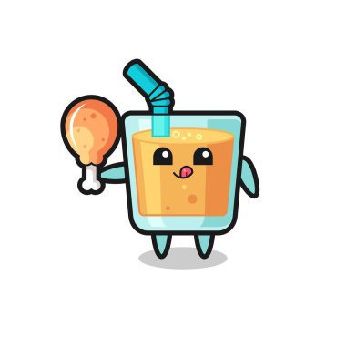 Portakal suyu maskotu kızarmış tavuk yiyor. Tişört, çıkartma ve logo için şirin bir tasarım.