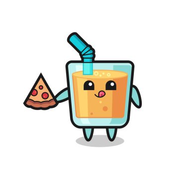 Pizza yiyen sevimli portakal suyu karikatürü, tişört, çıkartma, logo elementi için şirin bir tasarım.