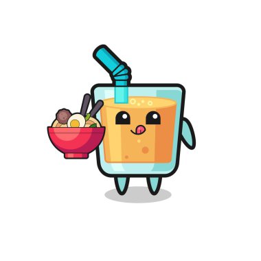 Erişte yiyen sevimli portakal suyu karakteri, tişört, çıkartma, logo elementi için şirin bir tasarım.