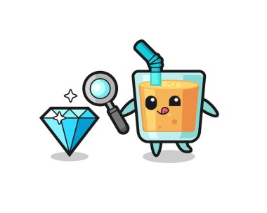 Portakal suyu maskotu elmasın orijinalliğini kontrol ediyor. Tişört, çıkartma, logo elementi için şirin bir tasarım.