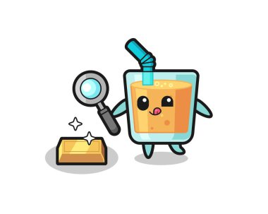 Portakal suyu karakteri altın külçesinin orijinalliğini kontrol ediyor. Gömlek, çıkartma, logo elementi için şirin bir tasarım.