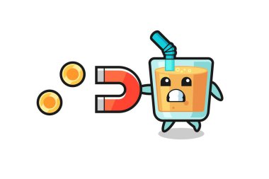 Portakal suyu karakteri altın sikkeleri yakalamak için bir mıknatıs tutar, tişört, çıkartma, logo elementi için şirin bir tasarım.