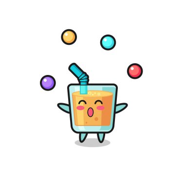 Portakal suyu sirki karikatürü bir topla hokkabazlık yapıyor, tişört, çıkartma, logo elementi için şirin bir tasarım.