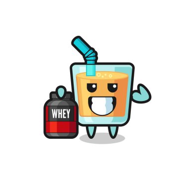 Kas portakal suyu karakteri bir protein takviyesi tutuyor. Tişört, çıkartma, logo elementi için şirin bir tasarım.