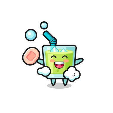 Kavun suyu karakteri elinde sabun tutarken banyo yapıyor. Tişört, çıkartma, logo elementi için şirin bir tasarım.