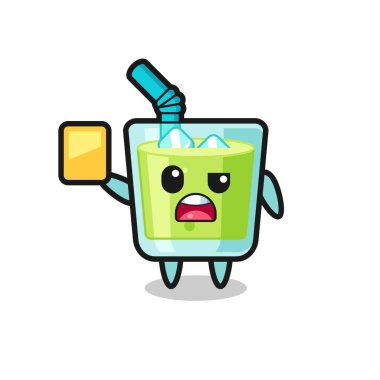 Futbol hakemi olarak karpuz suyu karakteri sarı kart veriyor, tişört, çıkartma, logo elementi için şirin bir tasarım.