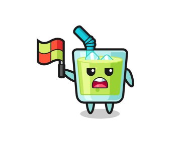 kavun suyu karakteri çizgi hakimi bayrağı kaldırıyor, tişört, çıkartma, logo elementi için şirin bir tasarım.