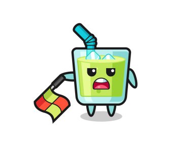 kavun suyu karakteri çizgi hakemi olarak bayrağı 45 derecelik açıyla tutun, tişört, çıkartma, logo elementi için şirin bir tasarım.