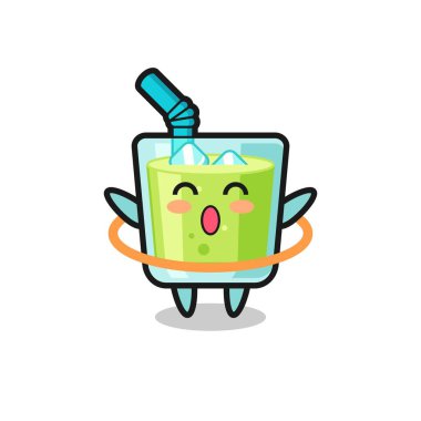 Şirin kavun suyu karikatürü hula hoop oynuyor. Tişört, çıkartma, logo elementi için şirin bir tasarım.