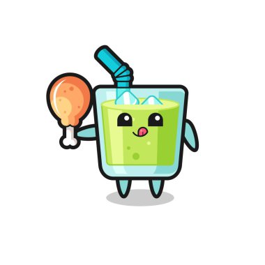 Kavun suyu maskotu kızarmış tavuk yiyor. Tişört, çıkartma, logo elementi için şirin bir tasarım.