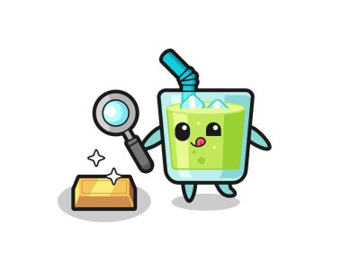 kavun suyu karakteri altın külçesinin orijinalliğini kontrol ediyor, tişört, çıkartma, logo elementi için şirin bir tasarım.