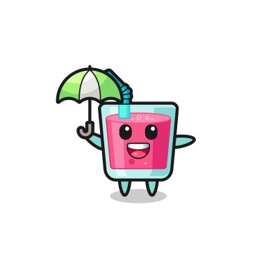 Şemsiye tutan şirin çilek suyu çizimi tişört, çıkartma, logo elementi için şirin bir tasarım.