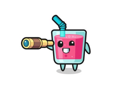 Şirin çilek suyu karakteri eski bir teleskop tutuyor. Tişört, çıkartma, logo elementi için şirin bir tasarım.