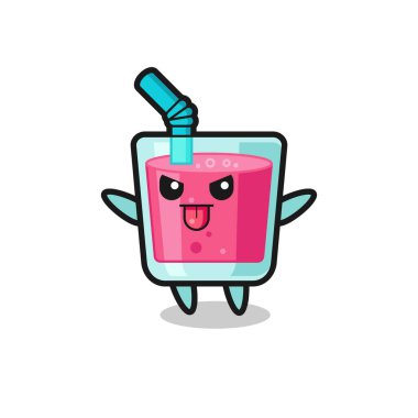 Alaycı pozdaki yaramaz çilek suyu karakteri, tişört, etiket, logo elementi için şirin tasarım.