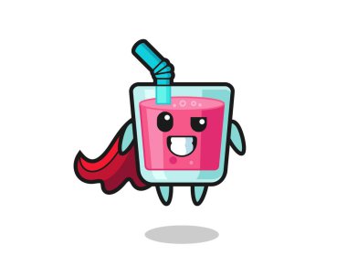 Uçan bir süper kahraman olarak sevimli çilek suyu karakteri tişört, etiket ve logo için şirin bir tasarım.