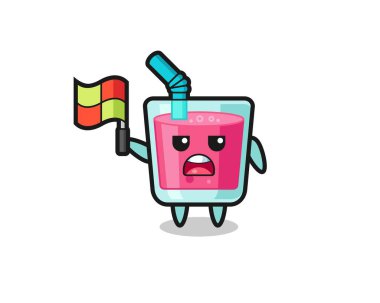 Çizgi hakimi olarak çilek suyu karakteri bayrağı kaldırıyor, tişört, çıkartma, logo elementi için şirin bir tasarım.