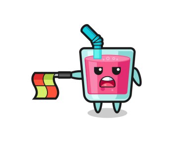 Çizgi hakemi olarak çilek suyu karakteri bayrağı yatay olarak düz tut, tişört, etiket, logo elementi için şirin bir tasarım yap