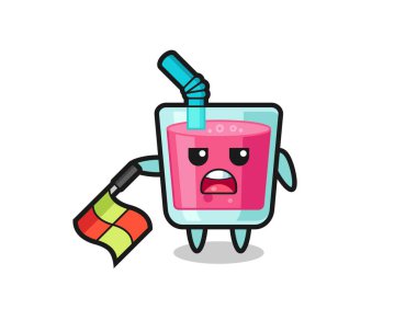 Çizgi hakemi olarak çilek suyu karakteri bayrağı 45 derecelik açıyla aşağıda tut, tişört, çıkartma, logo elementi için şirin bir tasarım.