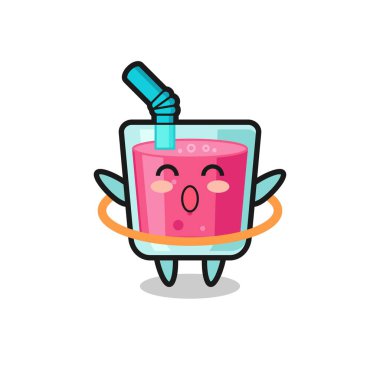 Şirin çilek suyu karikatürü hula hoop oynuyor. Tişört, çıkartma, logo elementi için şirin bir tasarım.