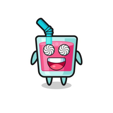 Sevimli çilek suyu karakteri, hipnotize edilmiş gözleri, tişört, çıkartma, logo elementi için şirin bir tasarım.