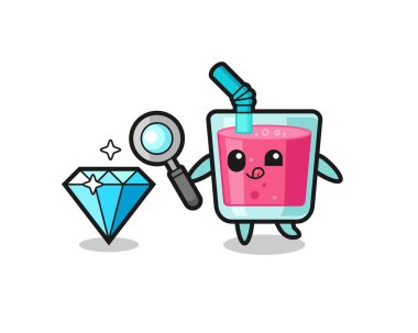 Çilek suyu maskotu elmasın orijinalliğini kontrol ediyor. Tişört, çıkartma, logo elementi için şirin bir tasarım.