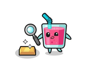 Çilek suyu karakteri altın külçesinin orijinalliğini kontrol ediyor. Gömlek, çıkartma, logo elementi için şirin bir tasarım.