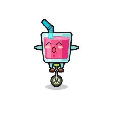 Şirin çilek suyu karakteri sirk bisikleti sürüyor. Tişört, çıkartma ve logo için şirin bir tasarım.