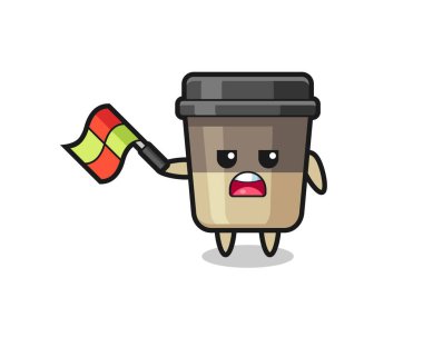 Kahve fincanı çizgi filmi, çizgi film yargıcı bayrağı 45 derecelik açıyla kaldırıyor, tişört, çıkartma, logo elementi için şirin bir tasarım.