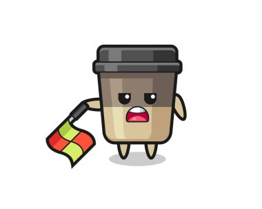 Kahve fincanı karakteri çizgi hakemi olarak bayrağı 45 derecelik açıyla aşağıda tut, tişört, çıkartma, logo elementi için şirin bir tasarım.