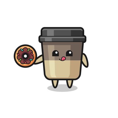 Kahve fincanı karakteri tişört, çıkartma, logo elementi için tatlı bir tasarım donut yiyor.