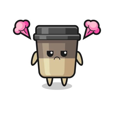 Sevimli kahve fincanı çizgi film karakterinin rahatsız edici ifadesi, tişört, çıkartma, logo elementi için şirin tasarım.