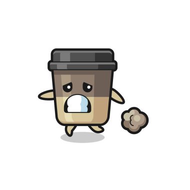 Korkuyla çalışan kahve fincanının çizimi, tişört, çıkartma, logo elementi için şirin bir tasarım.