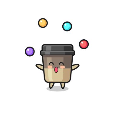 Kahve fincanı sirki karikatürü top oynuyor, tişört, çıkartma, logo elementi için şirin bir tasarım.